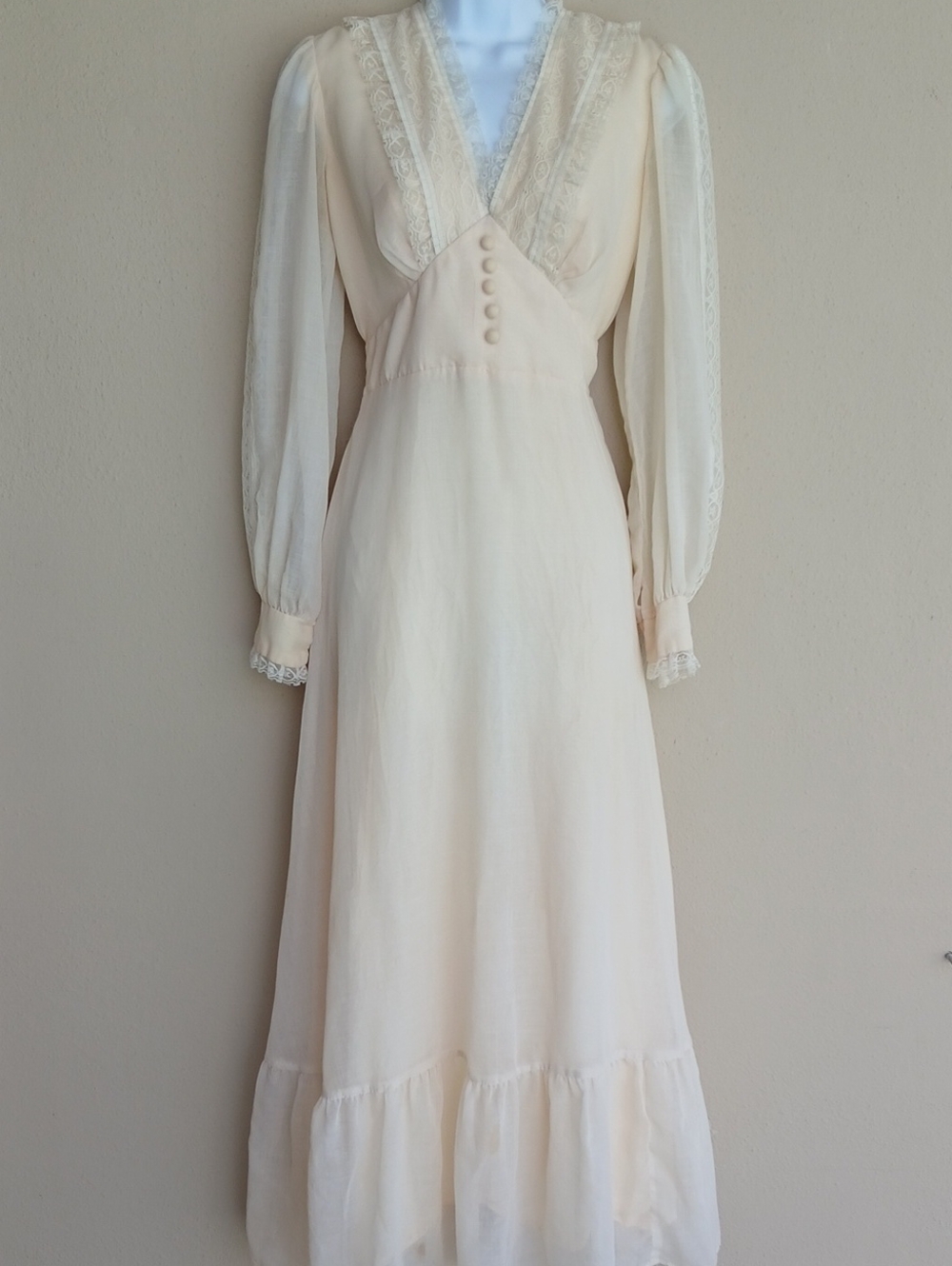 Ivory Lace Trim Long Sleeve Maxi Dress